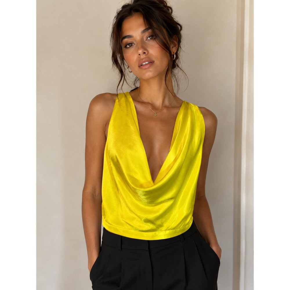 Zara Satin Cowl Neck Crop Top Neon Yellow Sleeveless Blouse Women's Large